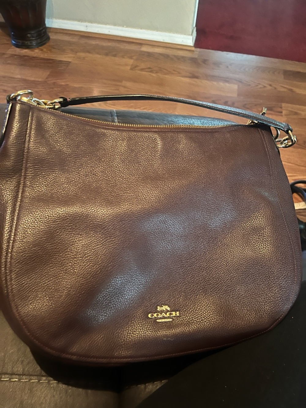 COACH Dark Brown Pebbled Leather Shoulder Bag with Gold Hardware
